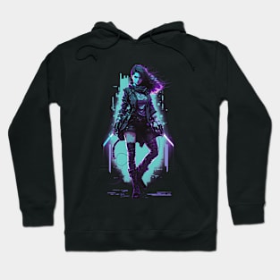 Cyberpunk Girl On Blue Neon Background Hoodie